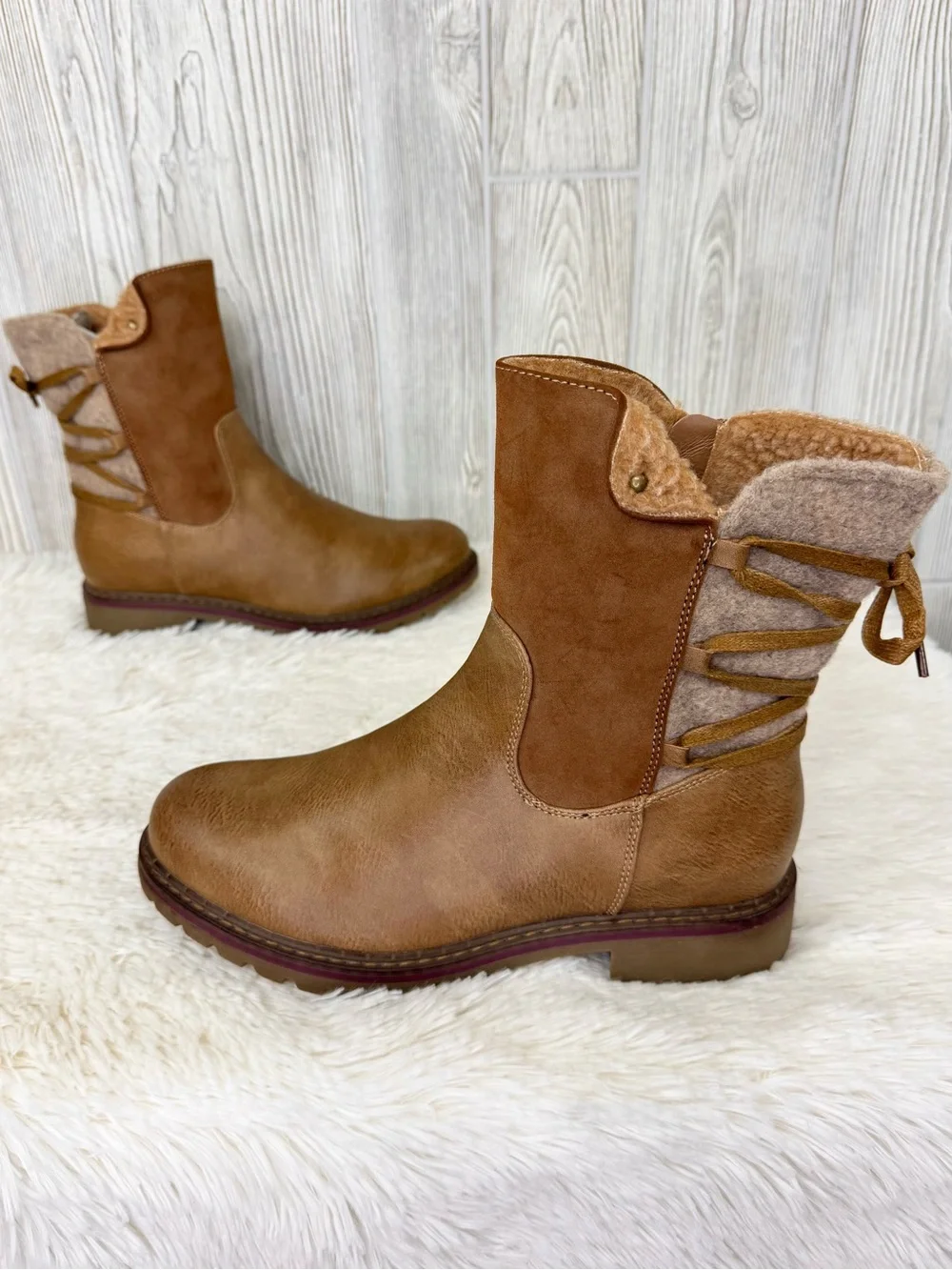 Patrizia Spring Strep Women's Dawna Brown Cozy Lace-Back Boots 9 Mid-Calf NWT